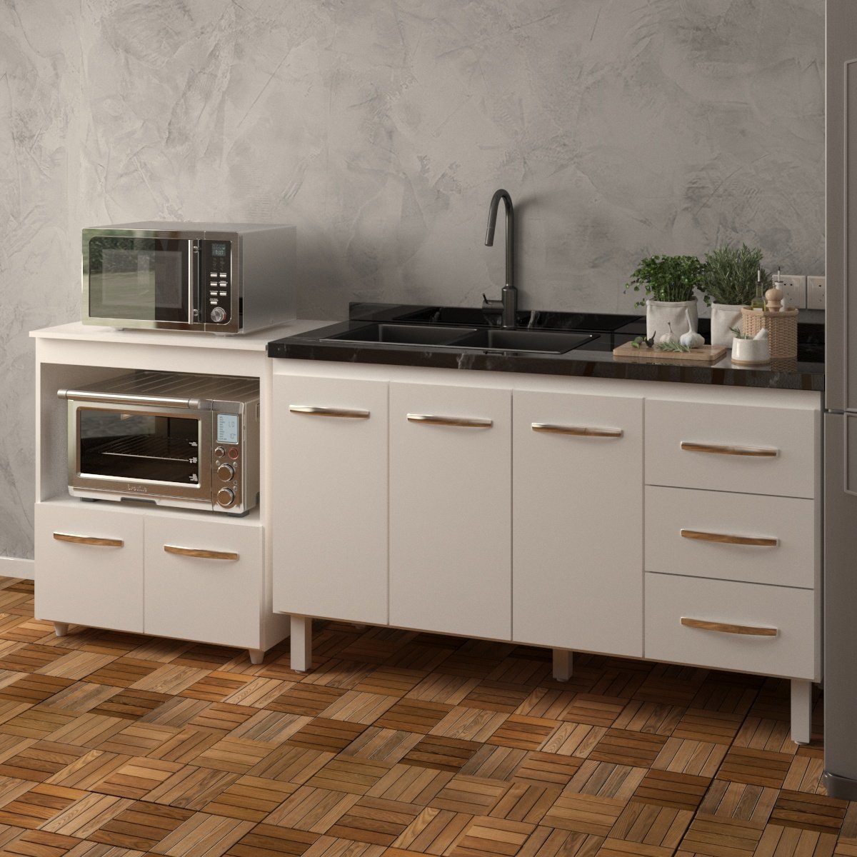 Armário Cozinha Balcão Gabinete de Pia 140 cm Carine e Balcão Para Microondas e Forno Elétrico Amanda Branco 
