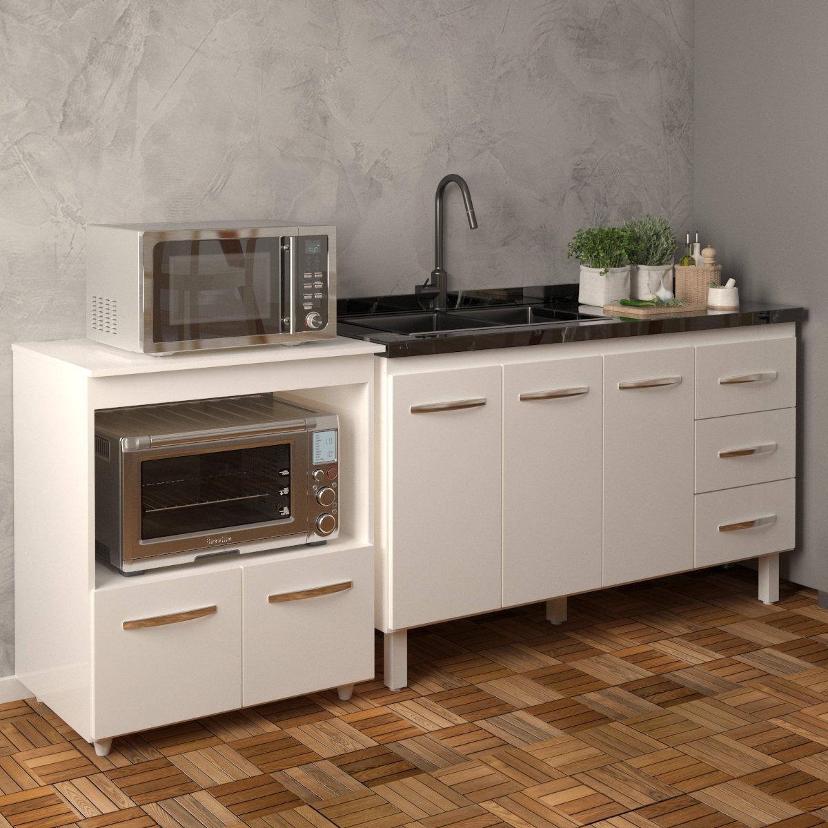 Armário Cozinha Balcão Gabinete de Pia 140 cm Carine e Balcão Para Microondas e Forno Elétrico Amanda Branco 