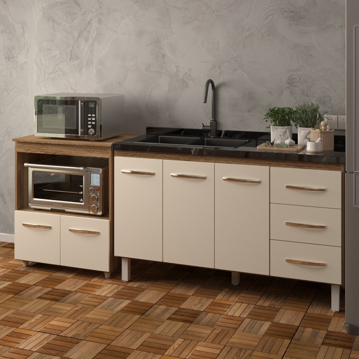 Armário Cozinha Balcão Gabinete de Pia 140 cm Carine e Balcão Para Microondas e Forno Elétrico Amanda Savana Off White 