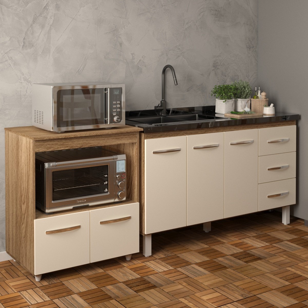 Armário Cozinha Balcão Gabinete de Pia 140 cm Carine e Balcão Para Microondas e Forno Elétrico Amanda Savana Off White 