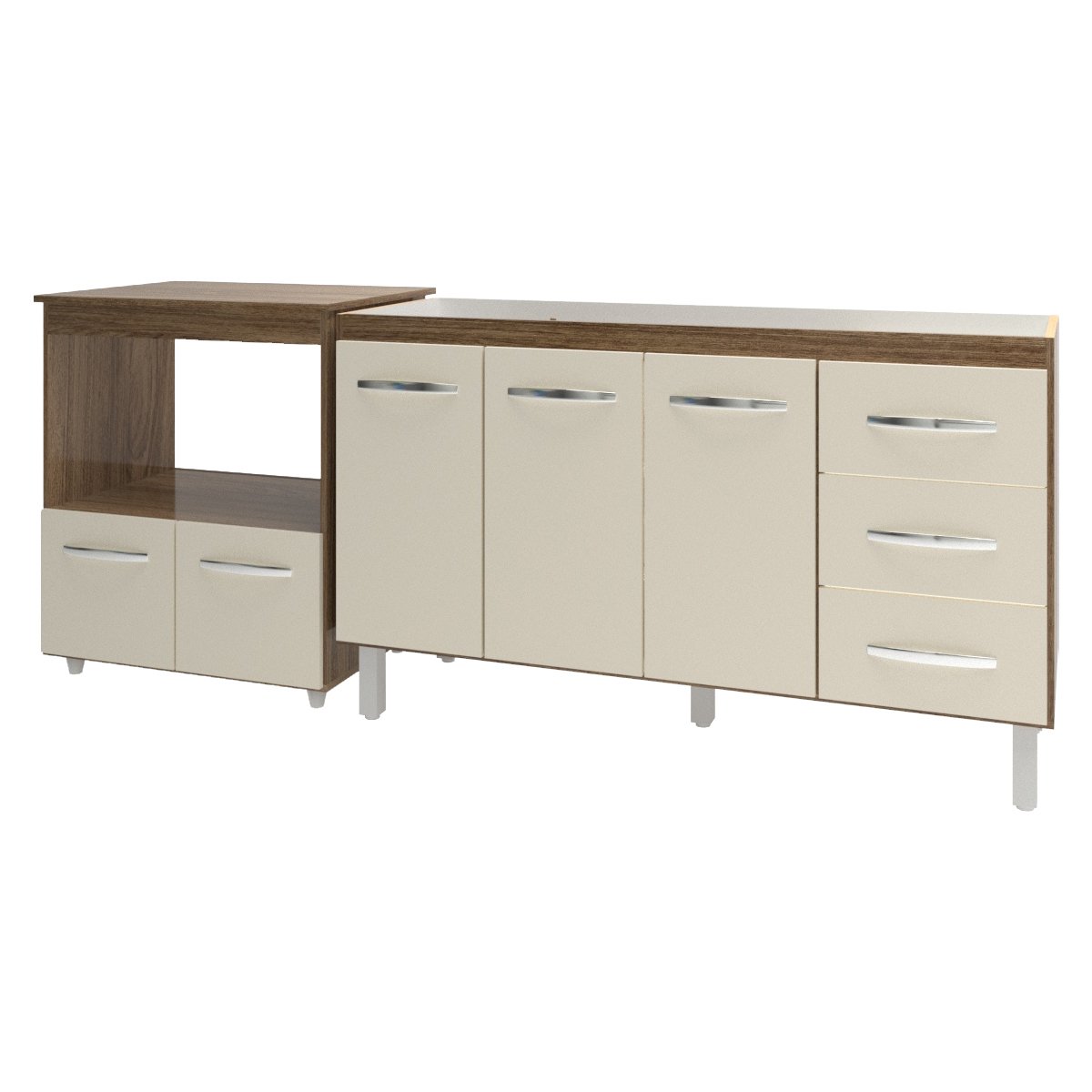 Armário Cozinha Balcão Gabinete de Pia 140 cm Carine e Balcão Para Microondas e Forno Elétrico Amanda Savana Off White 