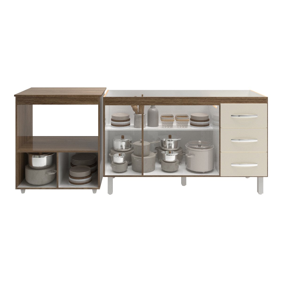 Armário Cozinha Balcão Gabinete de Pia 140 cm Carine e Balcão Para Microondas e Forno Elétrico Amanda Savana Off White 