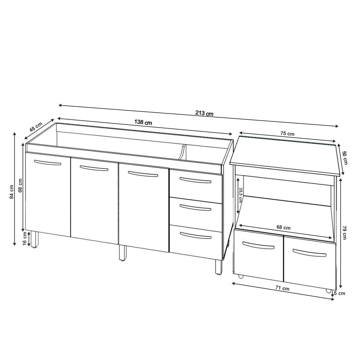 Armário Cozinha Balcão Gabinete de Pia 140 cm Carine e Balcão Para Microondas e Forno Elétrico Amanda Savana Off White 