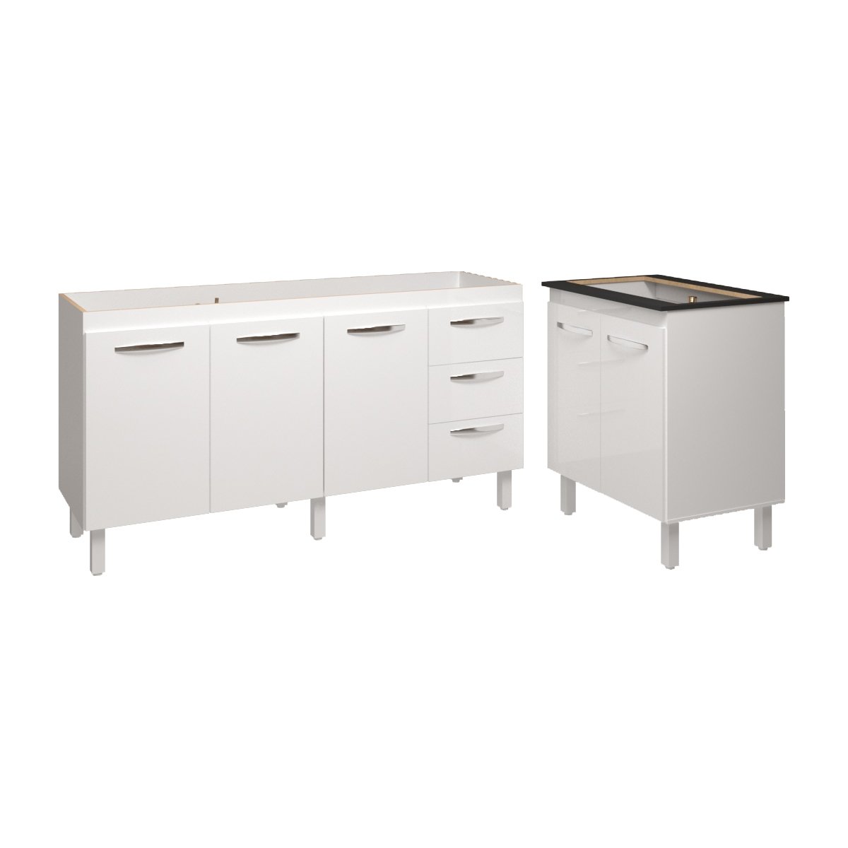 Armário Cozinha Balcão Gabinete de Pia 160 cm Estela e Balcão Fran para Fogão Cooktop 5 Bocas Branco 