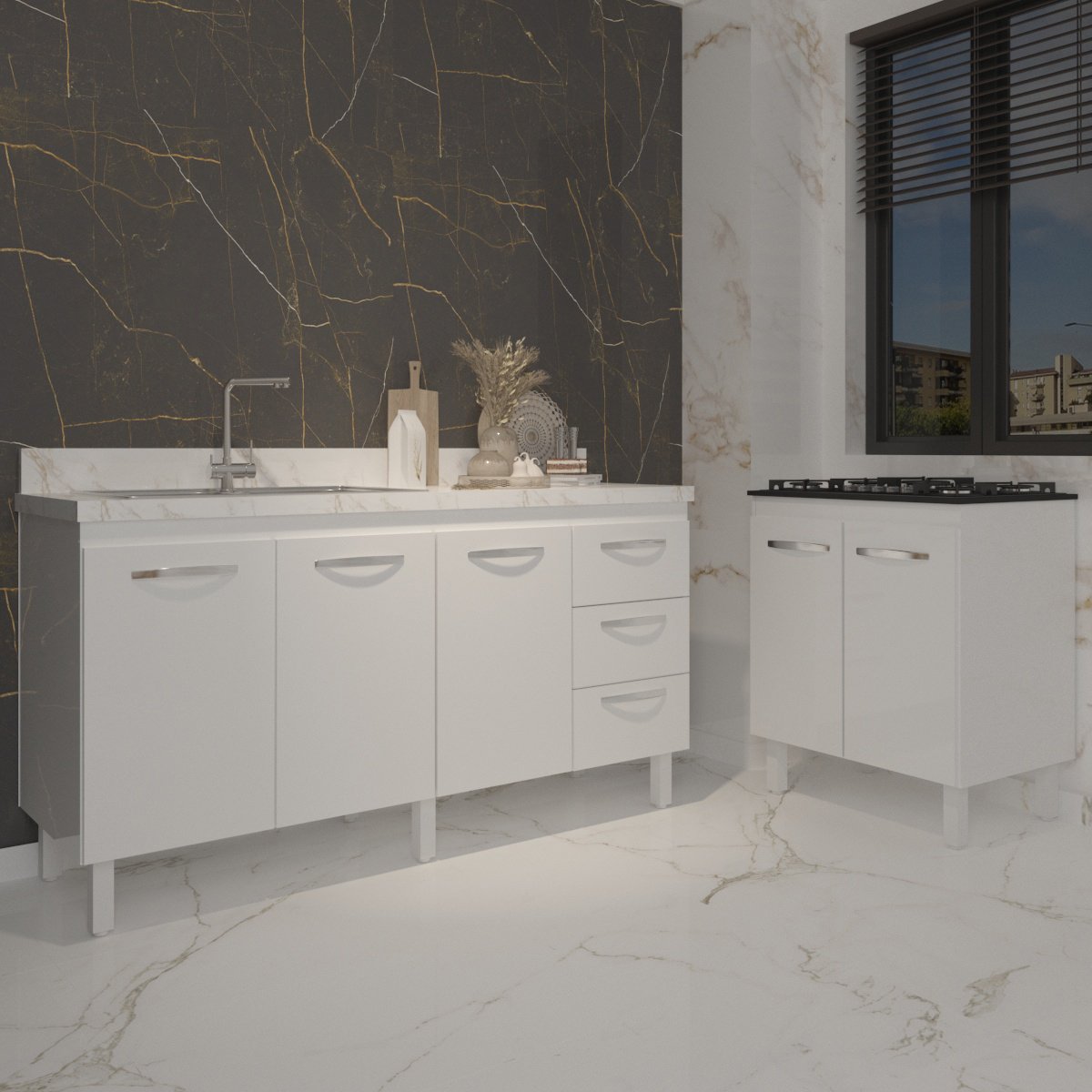 Armário Cozinha Balcão Gabinete de Pia 160 cm Estela e Balcão Fran para Fogão Cooktop 5 Bocas Branco 