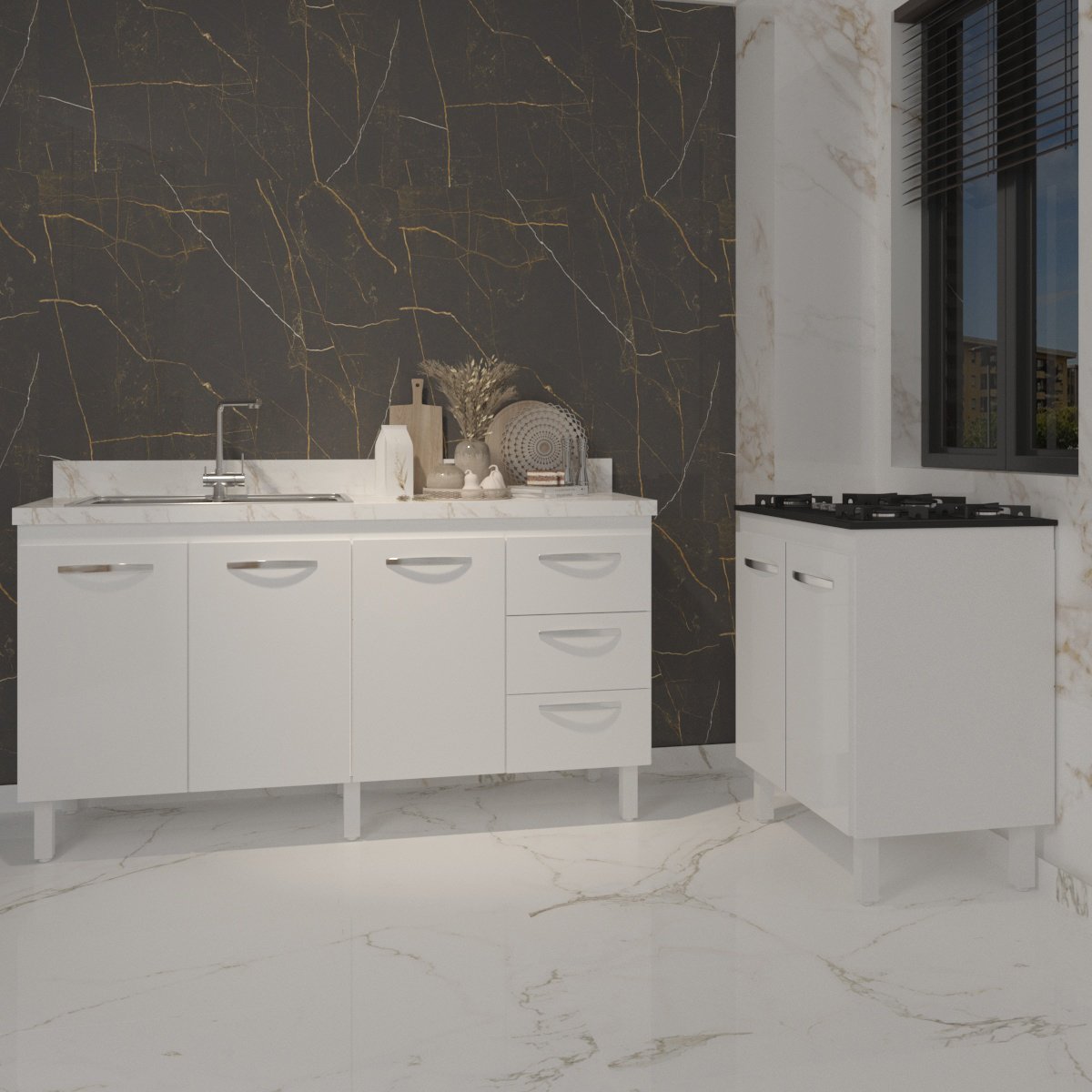 Armário Cozinha Balcão Gabinete de Pia 160 cm Estela e Balcão Fran para Fogão Cooktop 5 Bocas Branco 