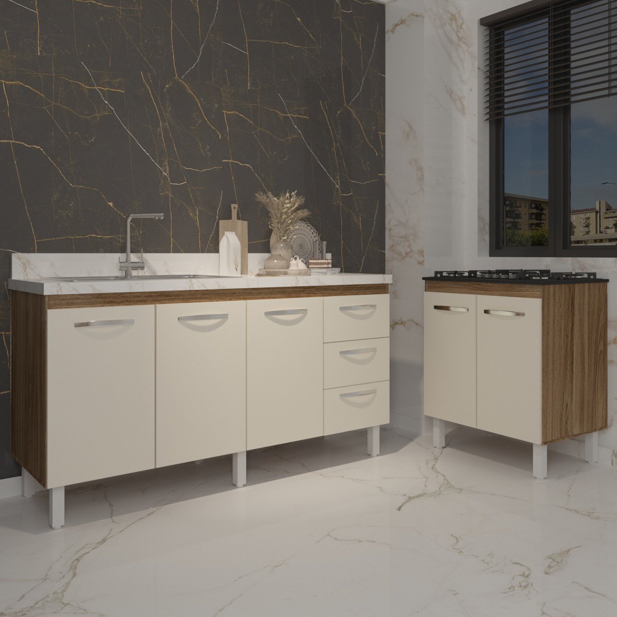 Armário Cozinha Balcão Gabinete de Pia 160 cm Estela e Balcão Fran para Fogão Cooktop 5 Bocas Savana Off White 