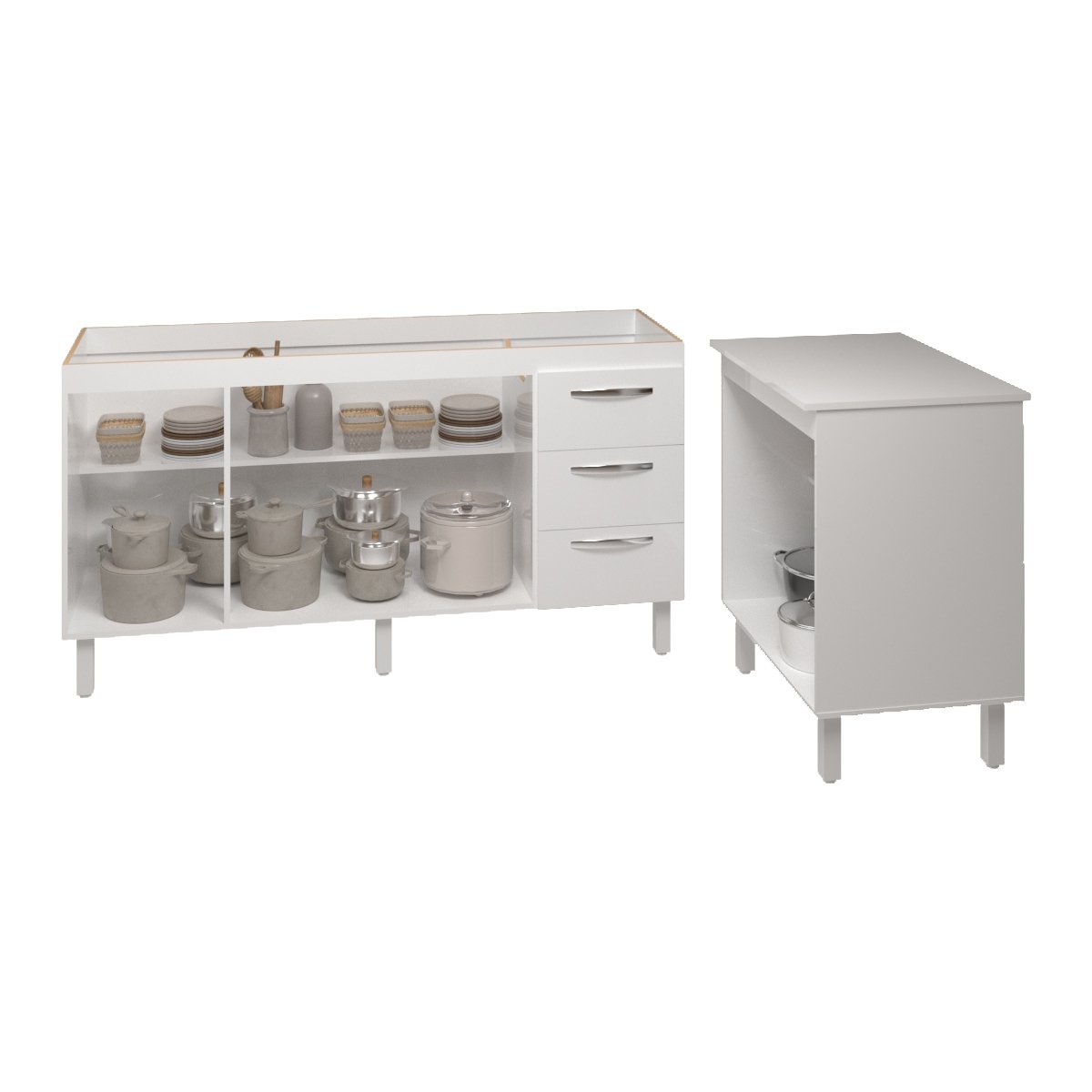 Armário Cozinha Balcão Gabinete de Pia 160 cm Estela e Balcão Jane para Microondas ou Forno Elétrico Branco 