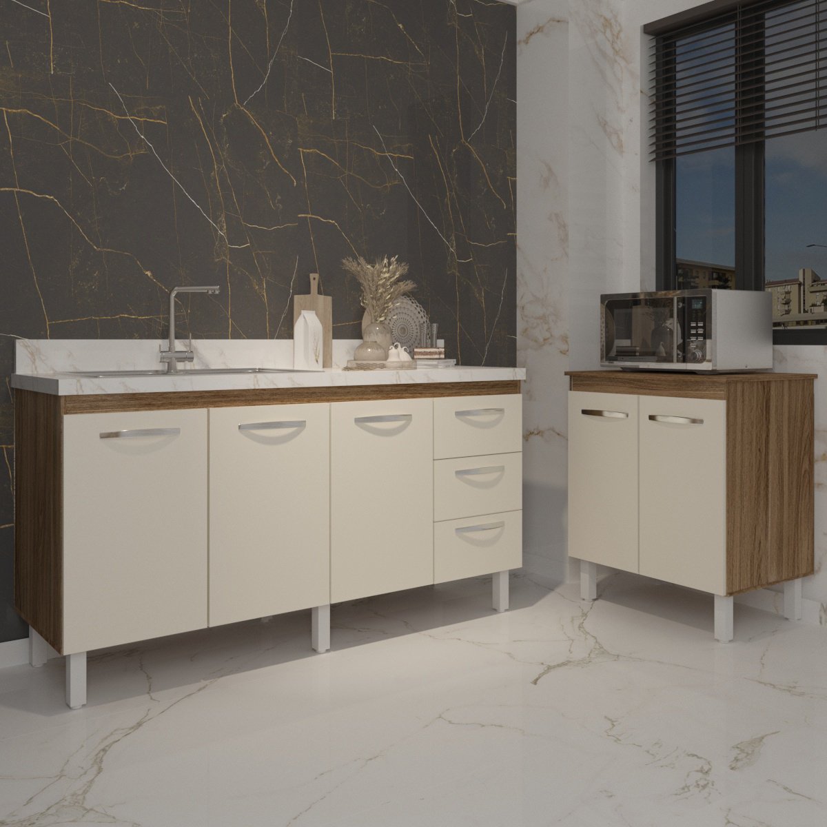 Armário Cozinha Balcão Gabinete de Pia 160 cm Estela e Balcão Jane para Microondas ou Forno Elétrico Savana Off White 