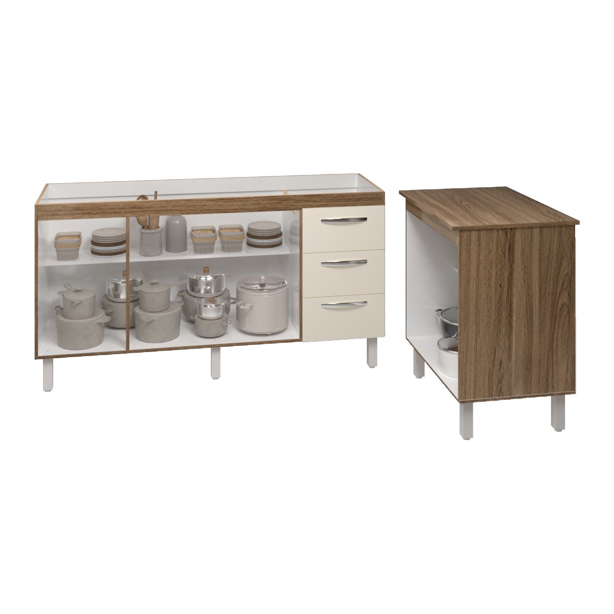 Armário Cozinha Balcão Gabinete de Pia 160 cm Estela e Balcão Jane para Microondas ou Forno Elétrico Savana Off White 