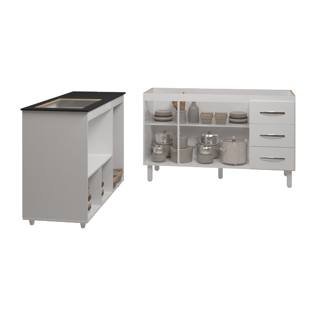 Armário Cozinha Carine Gabinete de Pia 140 cm e Balcão Alana para Cooktop 4 Bocas e Forno ou Microondas Branco 