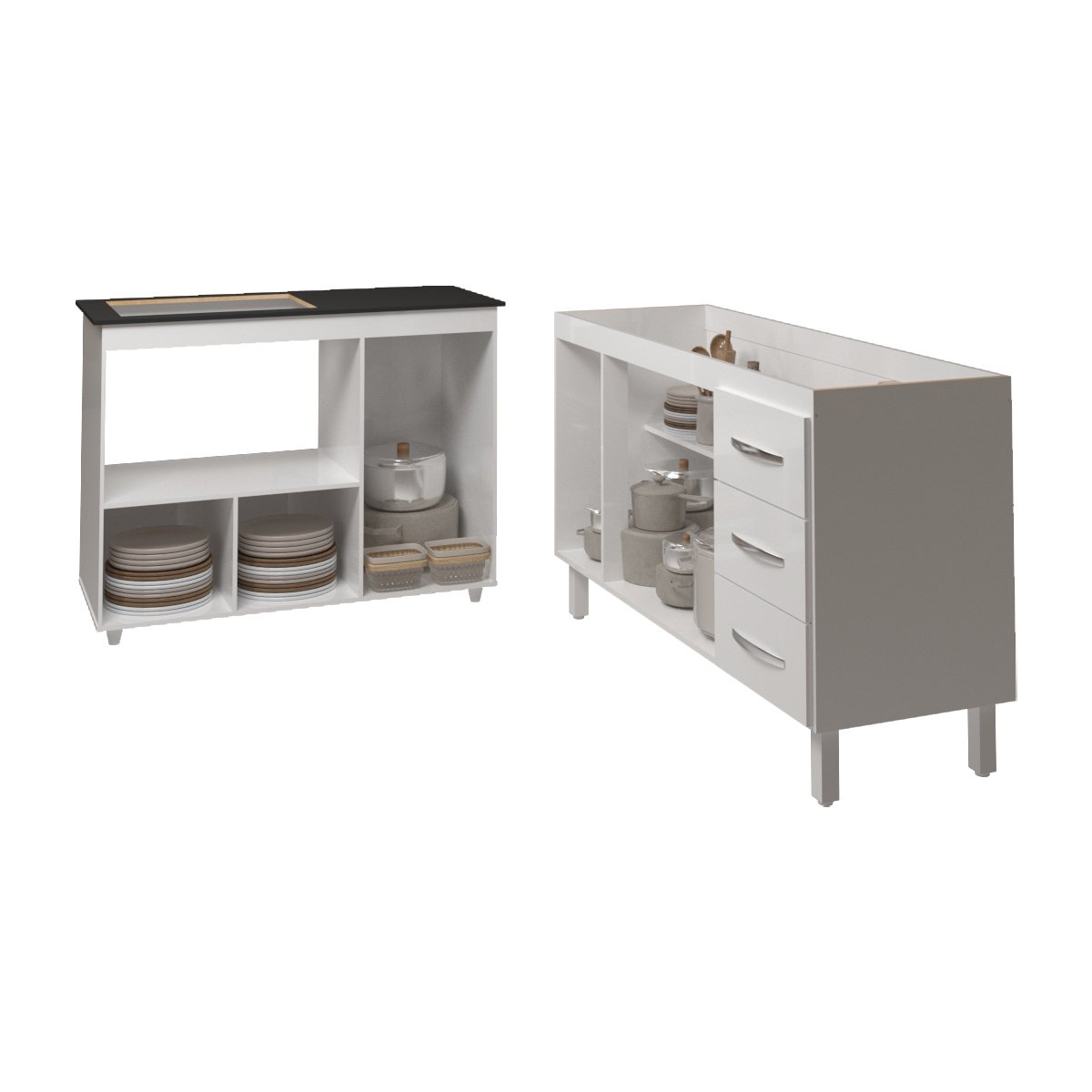 Armário Cozinha Carine Gabinete de Pia 140 cm e Balcão Alana para Cooktop 4 Bocas e Forno ou Microondas Branco 