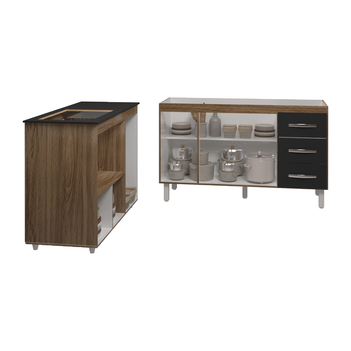 Armário Cozinha Carine Gabinete de Pia 140 cm e Balcão Alana para Cooktop 4 Bocas e Forno ou Microondas Savana Preto
