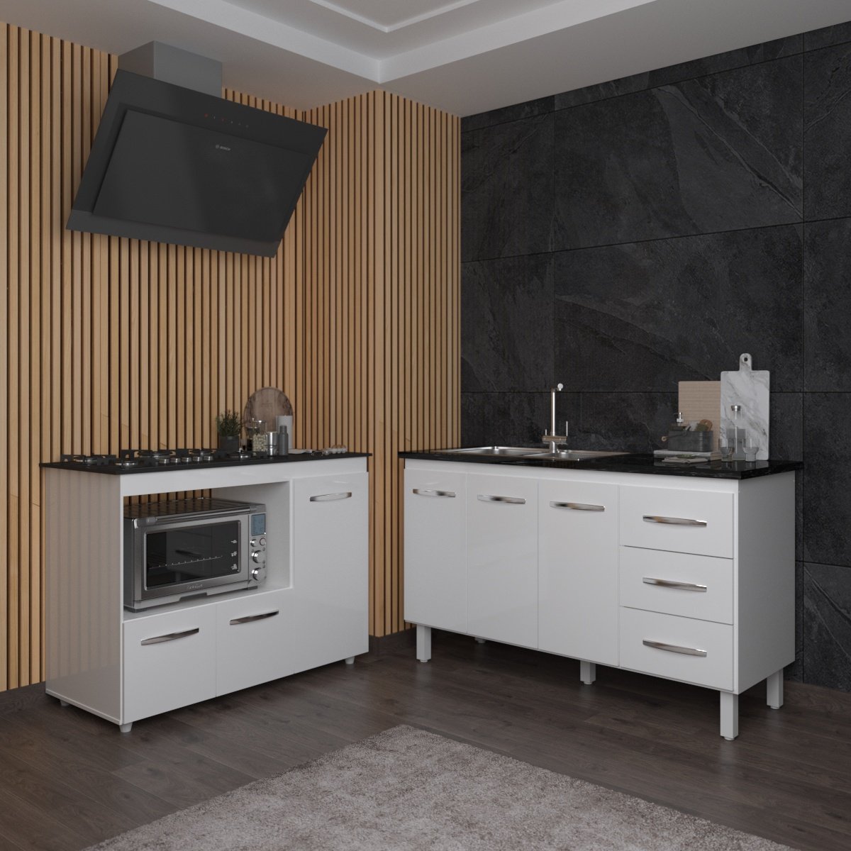 Armário Cozinha Carine Gabinete de Pia 140 cm e Balcão Alana para Cooktop 5 Bocas e Forno ou Microondas Branco 