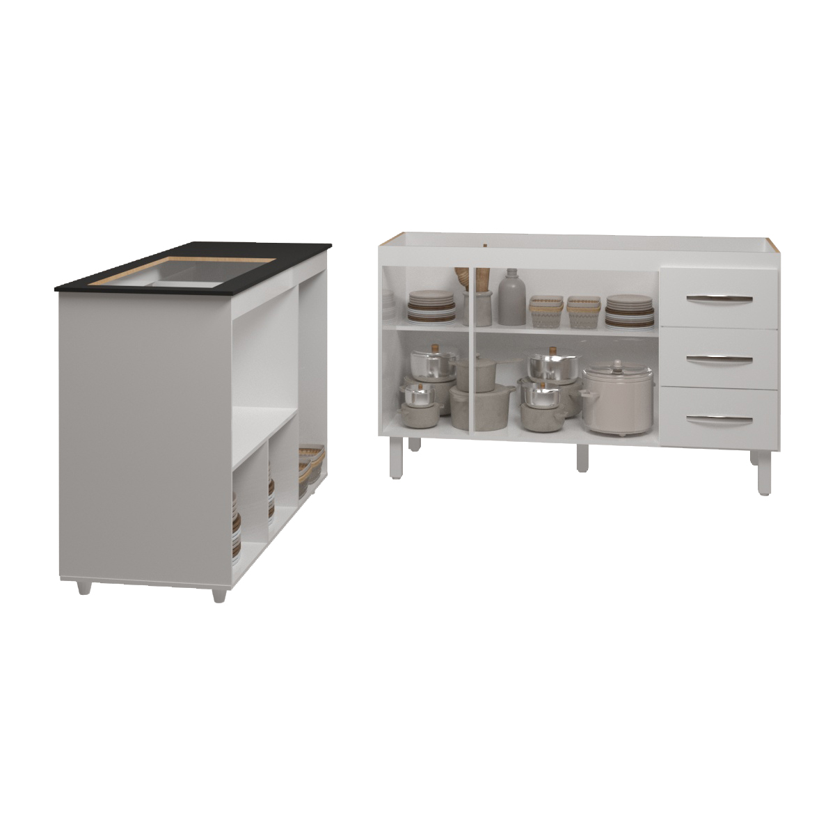 Armário Cozinha Carine Gabinete de Pia 140 cm e Balcão Alana para Cooktop 5 Bocas e Forno ou Microondas Branco 