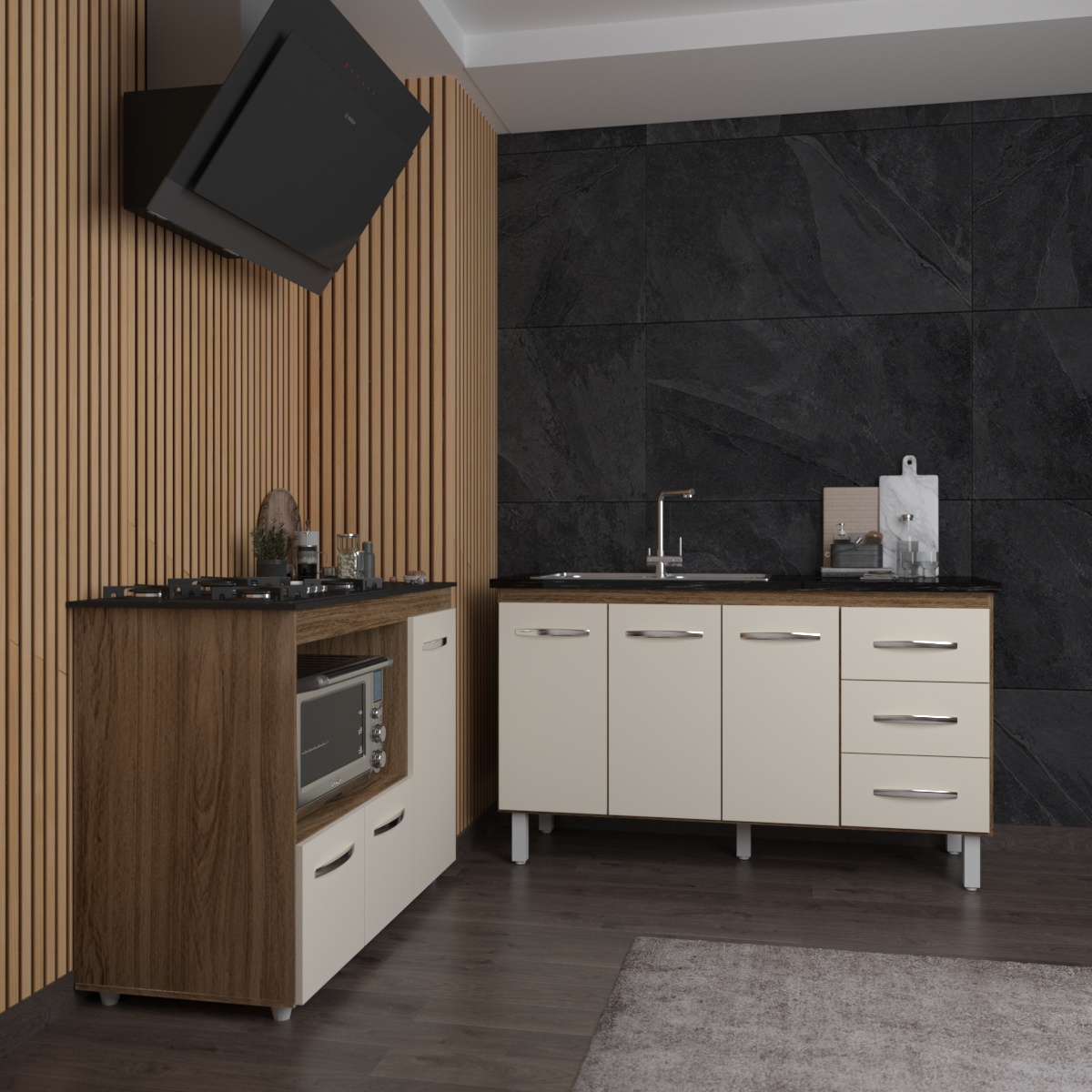 Armário Cozinha Carine Gabinete de Pia 140 cm e Balcão Alana para Cooktop 5 Bocas e Forno ou Microondas Savana Off White 