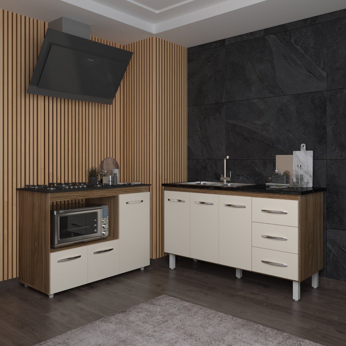 Armário Cozinha Carine Gabinete de Pia 140 cm e Balcão Alana para Cooktop 5 Bocas e Forno ou Microondas Savana Off White 