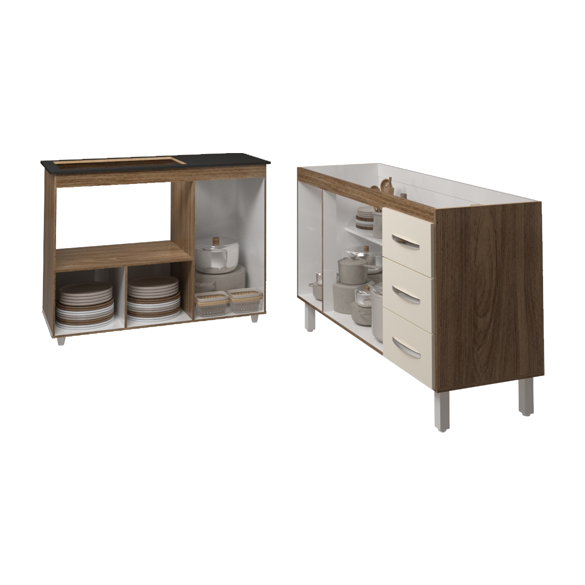 Armário Cozinha Carine Gabinete de Pia 140 cm e Balcão Alana para Cooktop 5 Bocas e Forno ou Microondas Savana Off White 