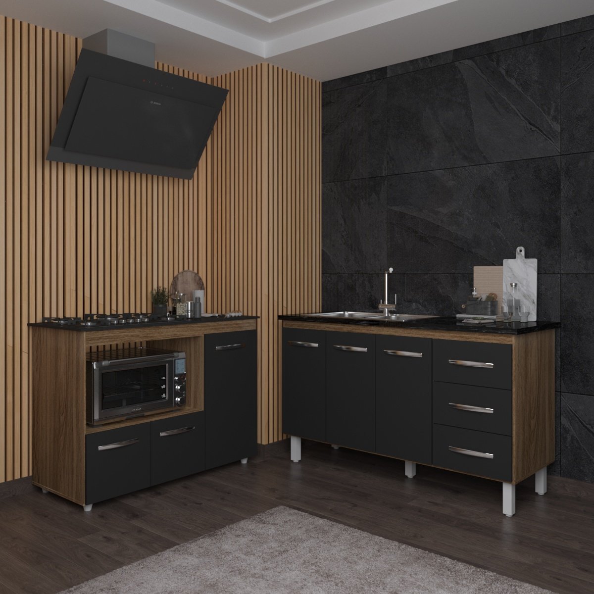 Armário Cozinha Carine Gabinete de Pia 140 cm e Balcão Alana para Cooktop 5 Bocas e Forno ou Microondas Savana Preto 