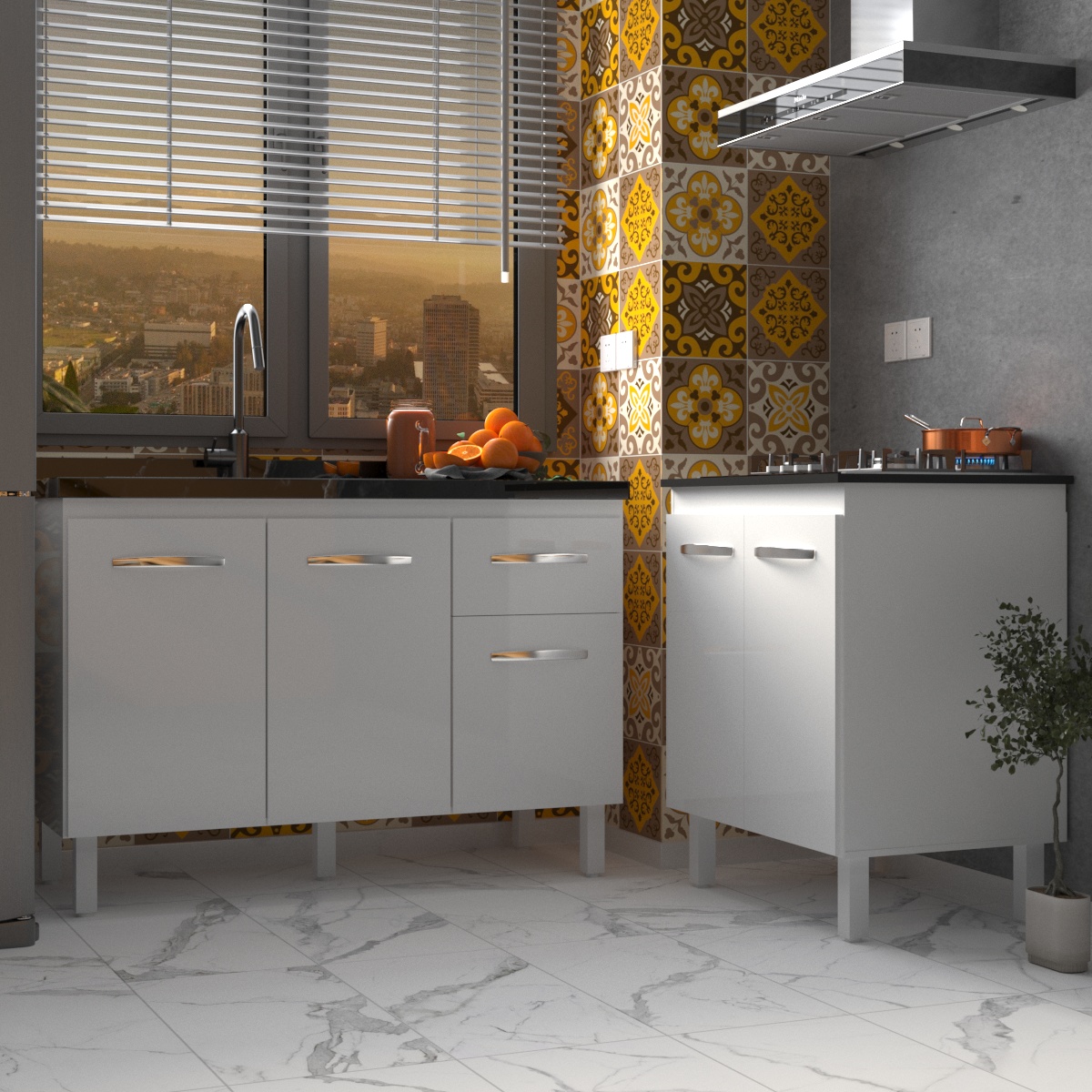 Armário Cozinha Gabinete Pia de 120 cm Aline e Balcão Fran para Cooktop 4 Bocas Branco 