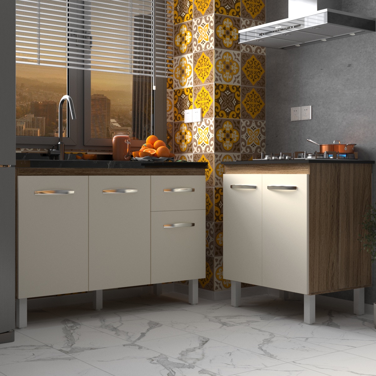 Armário Cozinha Gabinete Pia de 120 cm Aline e Balcão Fran para Cooktop 4 Bocas Savana Off White 