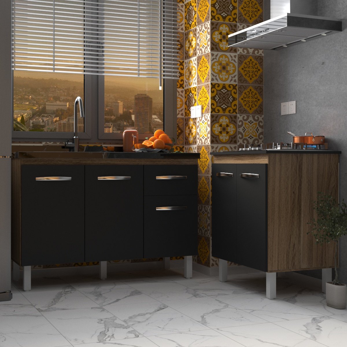 Armário Cozinha Gabinete Pia de 120 cm Aline e Balcão Fran para Cooktop 5 Bocas Savana Preto 
