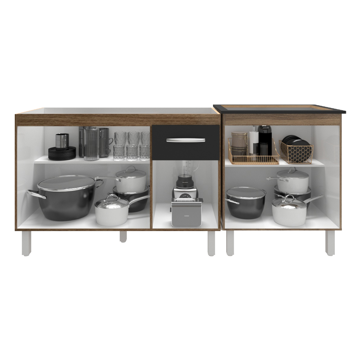 Armário Cozinha Gabinete Pia de 120 cm Aline e Balcão Fran para Cooktop 5 Bocas Savana Preto 