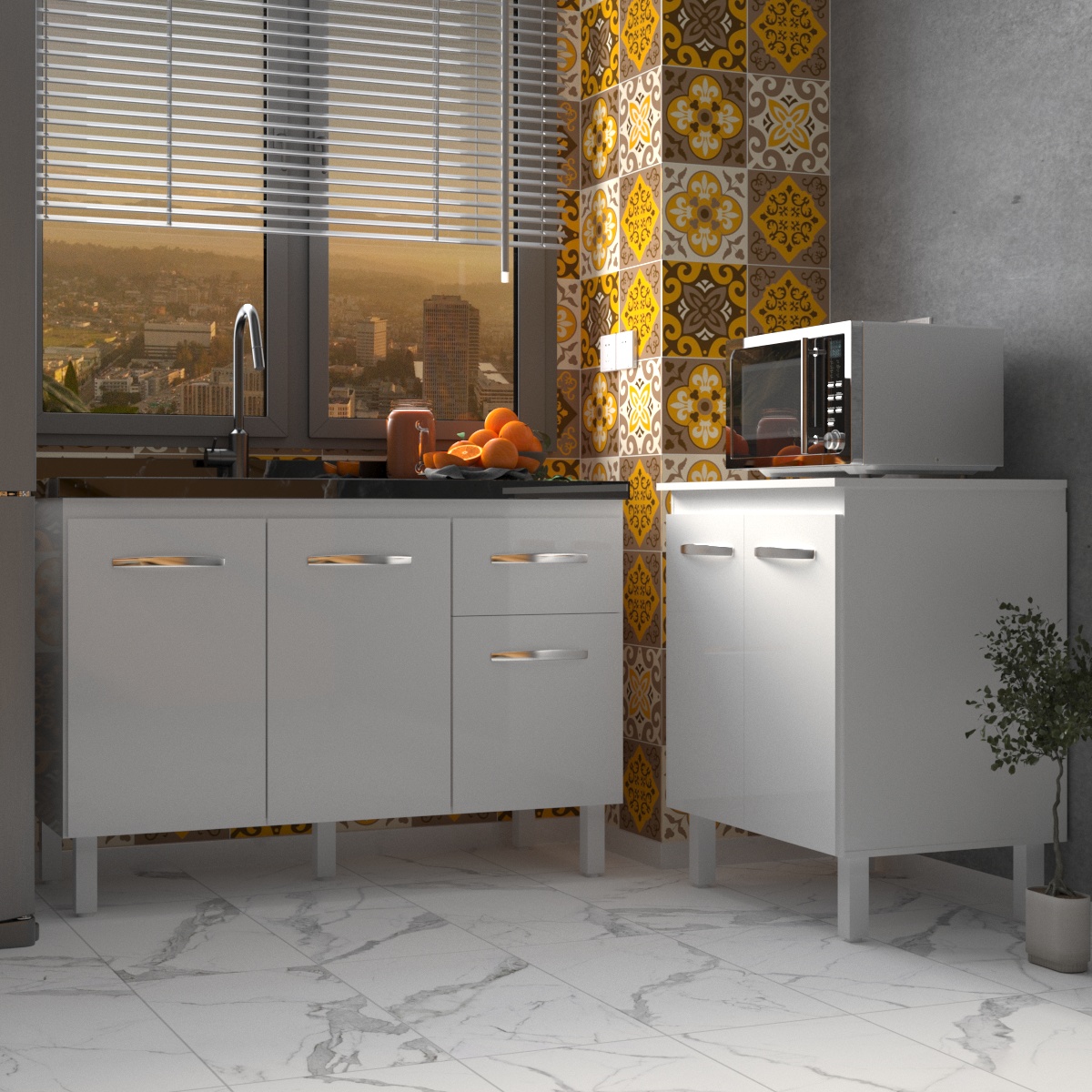 Armário Cozinha Gabinete Pia de 120 cm Aline e Balcão Jane para Forno Elétrico ou Microondas Branco 