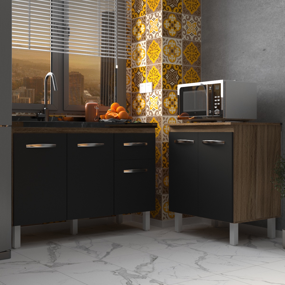 Armário Cozinha Gabinete Pia de 120 cm Aline e Balcão Jane para Forno Elétrico ou Microondas Savana Preto 