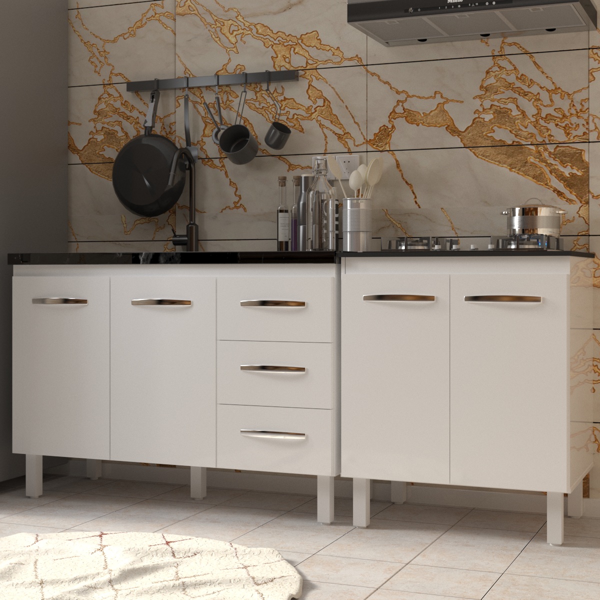 Armário Cozinha Gabinete Pia de 120 cm Bruna e Balcão Fran para Cooktop 4 Bocas Branco 