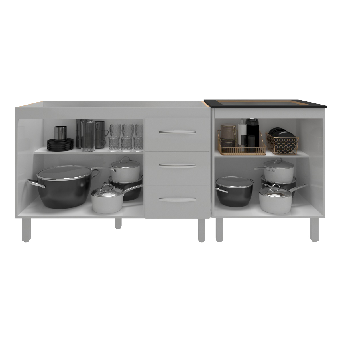 Armário Cozinha Gabinete Pia de 120 cm Bruna e Balcão Fran para Cooktop 4 Bocas Branco 