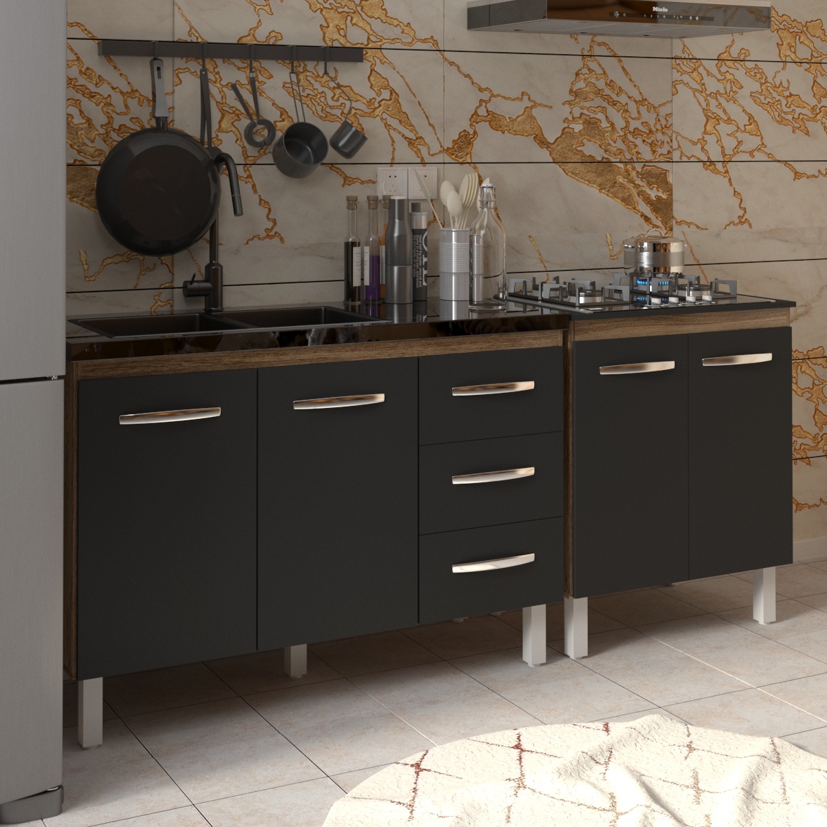 Armário Cozinha Gabinete Pia de 120 cm Bruna e Balcão Fran para Cooktop 4 Bocas Savana Preto 