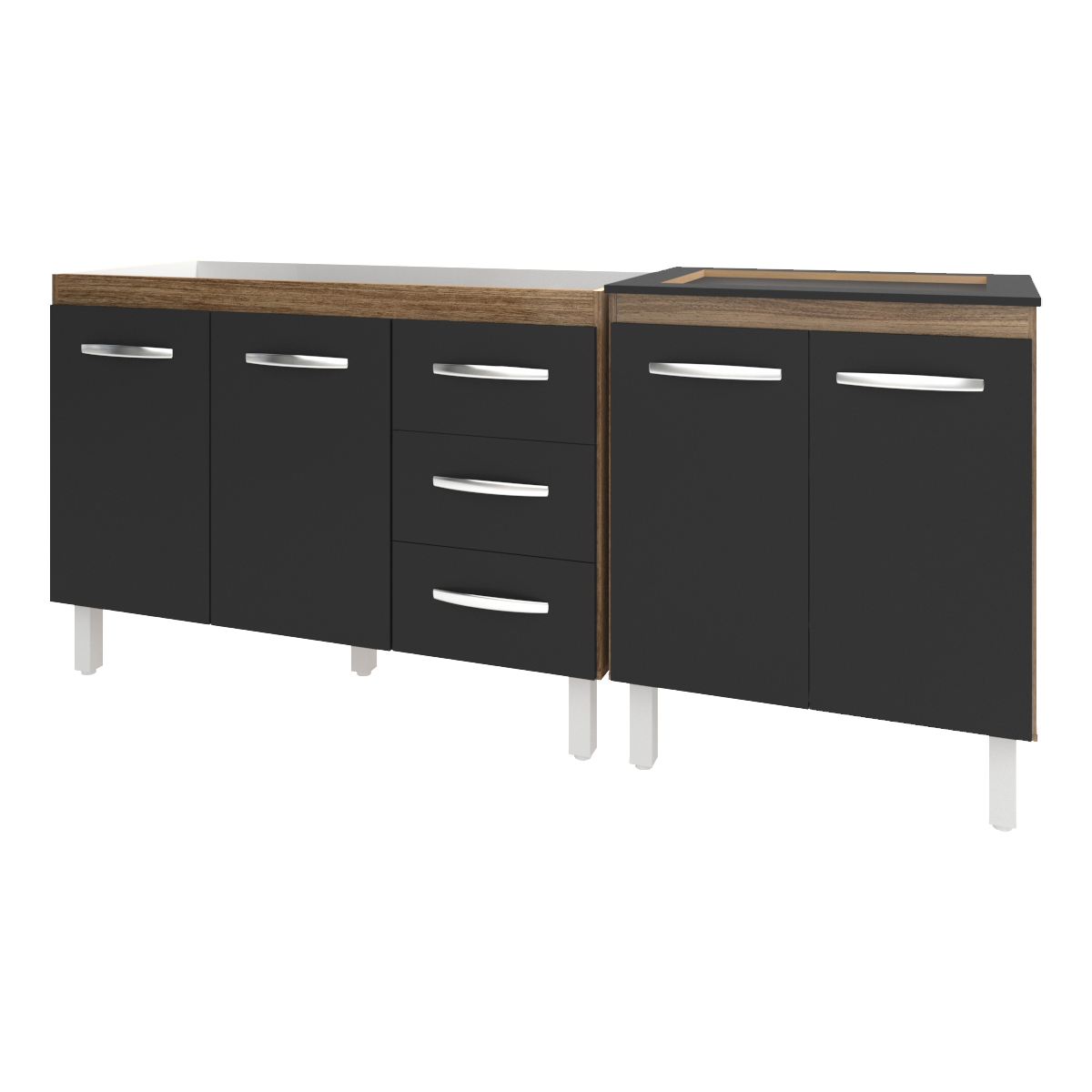 Armário Cozinha Gabinete Pia de 120 cm Bruna e Balcão Fran para Cooktop 4 Bocas Savana Preto 