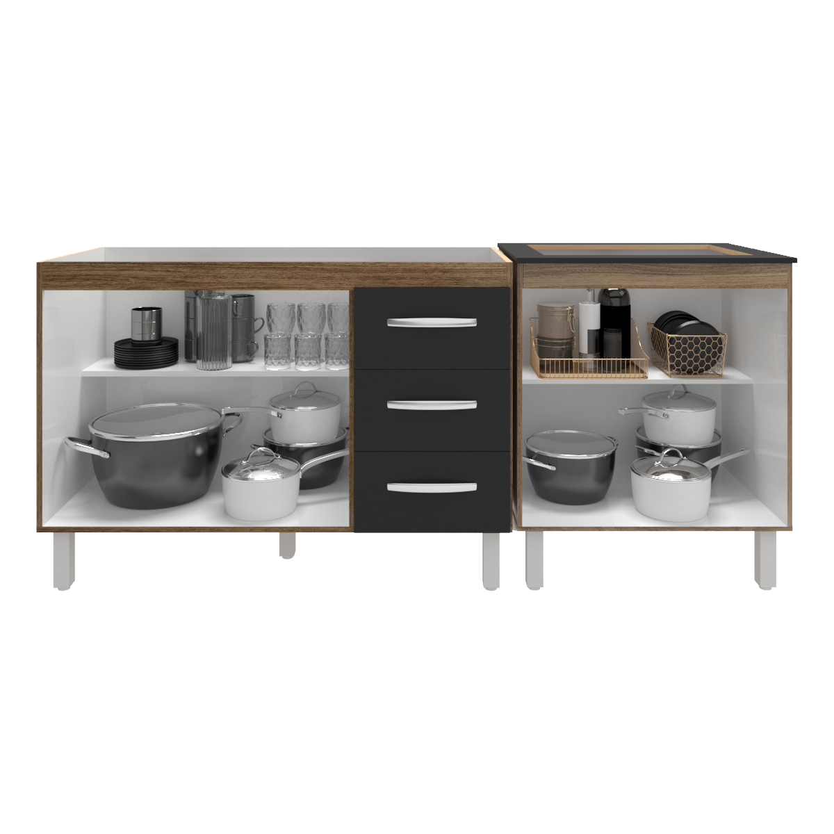 Armário Cozinha Gabinete Pia de 120 cm Bruna e Balcão Fran para Cooktop 4 Bocas Savana Preto 