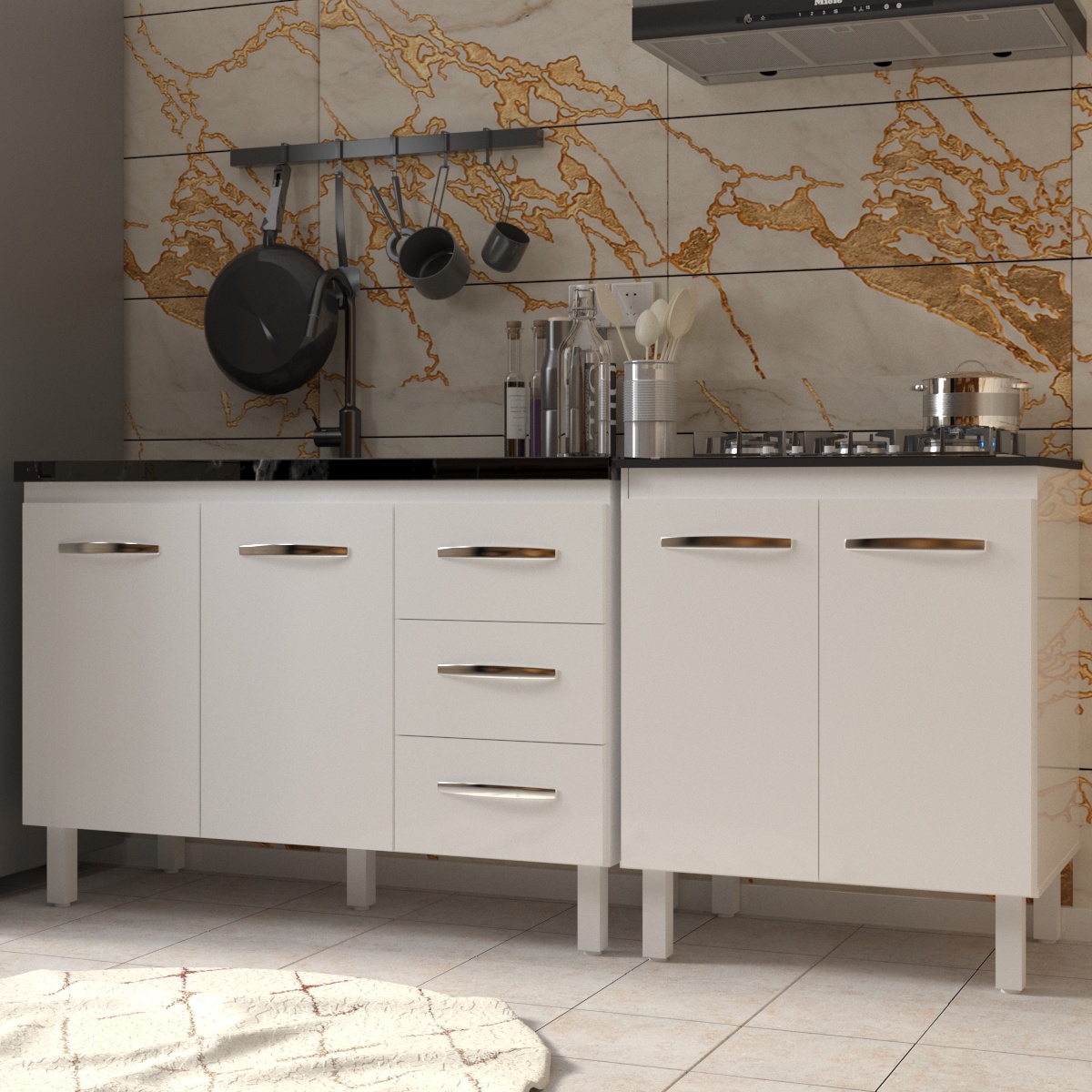 Armário Cozinha Gabinete Pia de 120 cm Bruna e Balcão Fran para Cooktop 5 Bocas Branco 