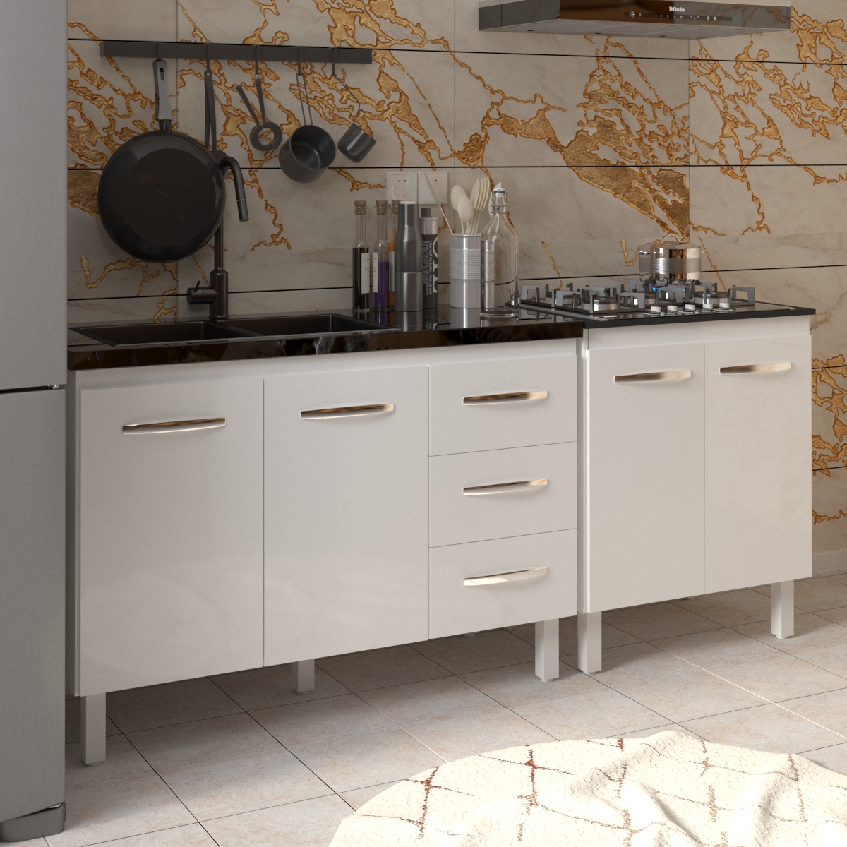 Armário Cozinha Gabinete Pia de 120 cm Bruna e Balcão Fran para Cooktop 5 Bocas Branco 