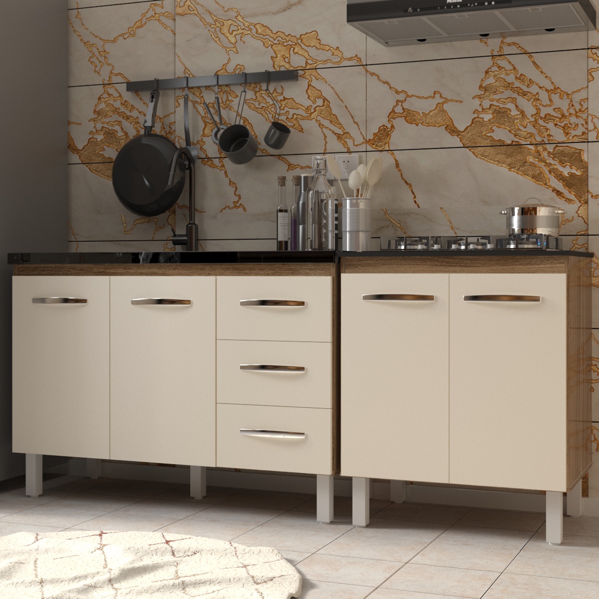 Armário Cozinha Gabinete Pia de 120 cm Bruna e Balcão Fran para Cooktop 5 Bocas Savana Off White 