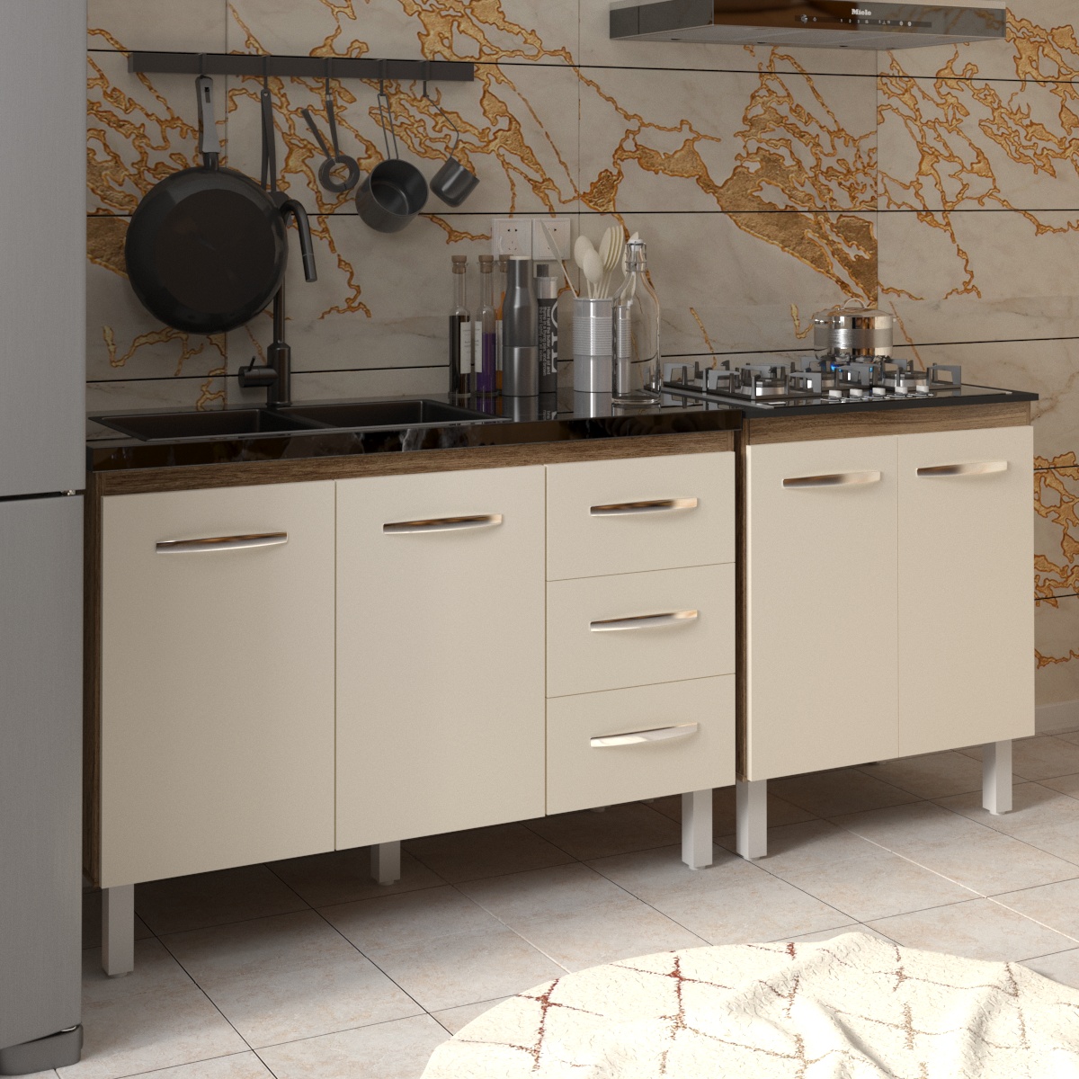 Armário Cozinha Gabinete Pia de 120 cm Bruna e Balcão Fran para Cooktop 5 Bocas Savana Off White 