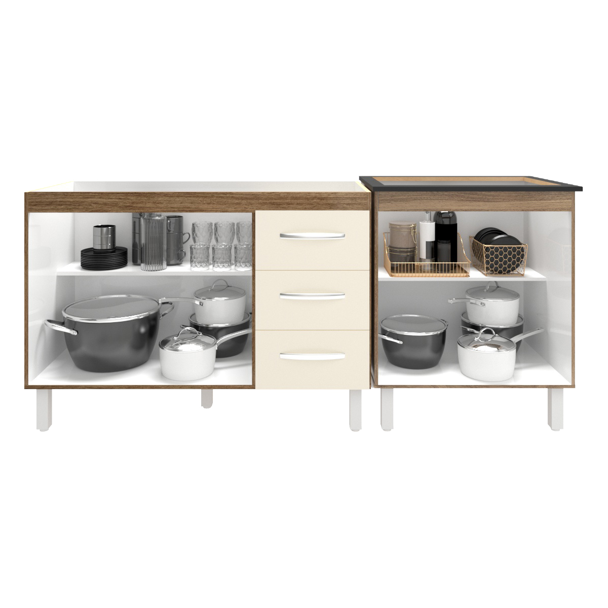 Armário Cozinha Gabinete Pia de 120 cm Bruna e Balcão Fran para Cooktop 5 Bocas Savana Off White 