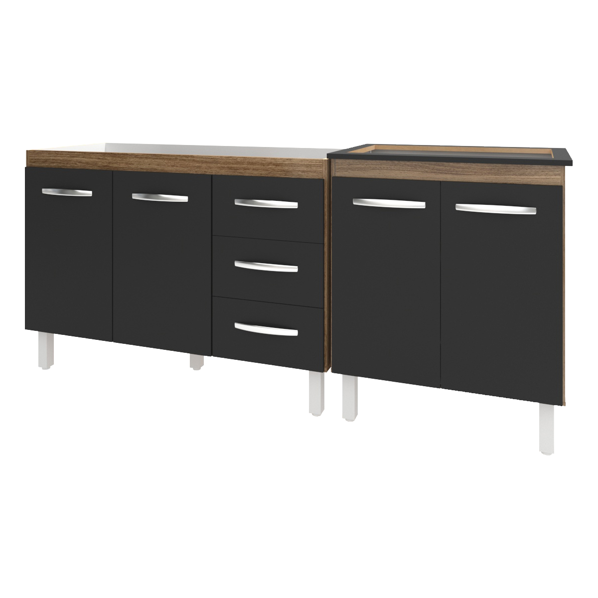 Armário Cozinha Gabinete Pia de 120 cm Bruna e Balcão Fran para Cooktop 5 Bocas Savana Preto 