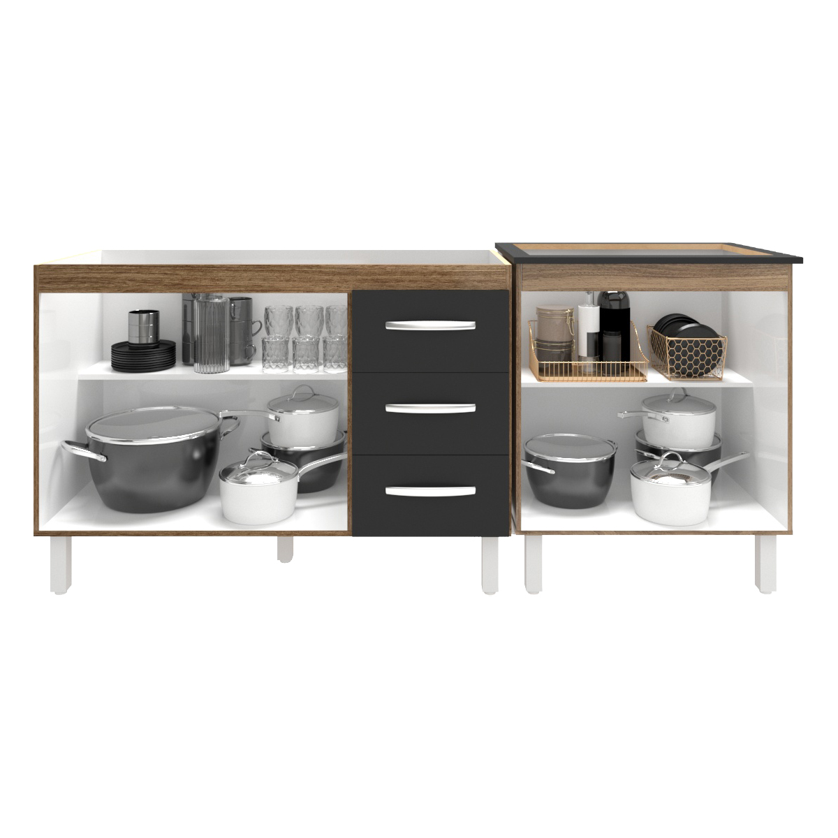 Armário Cozinha Gabinete Pia de 120 cm Bruna e Balcão Fran para Cooktop 5 Bocas Savana Preto 