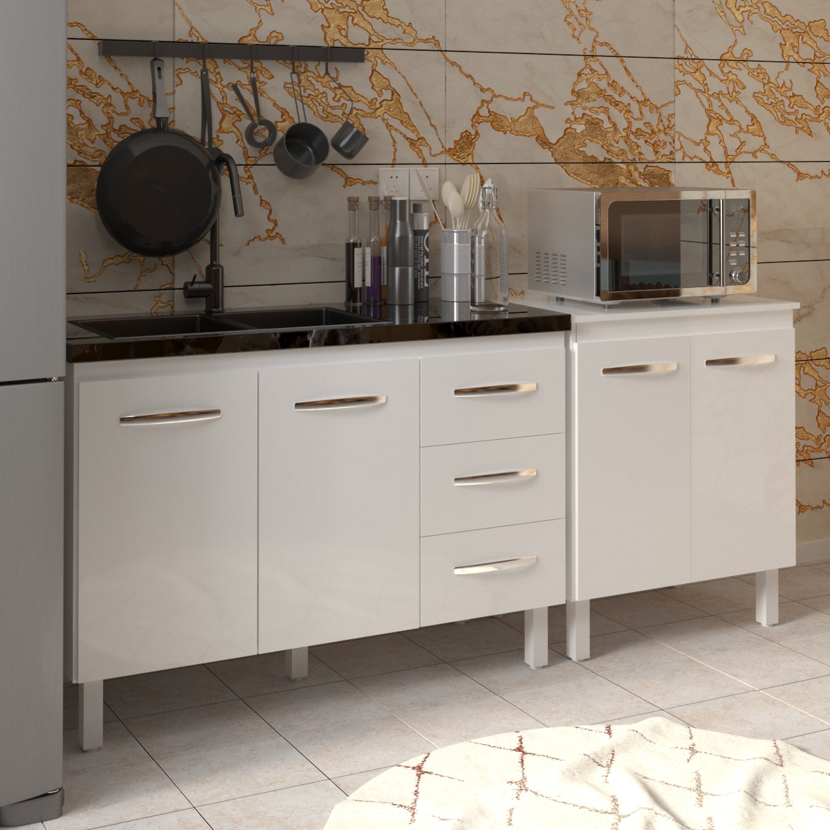Armário Cozinha Gabinete Pia de 120 cm Bruna e Balcão Jane para Forno Elétrico ou Microondas Branco 