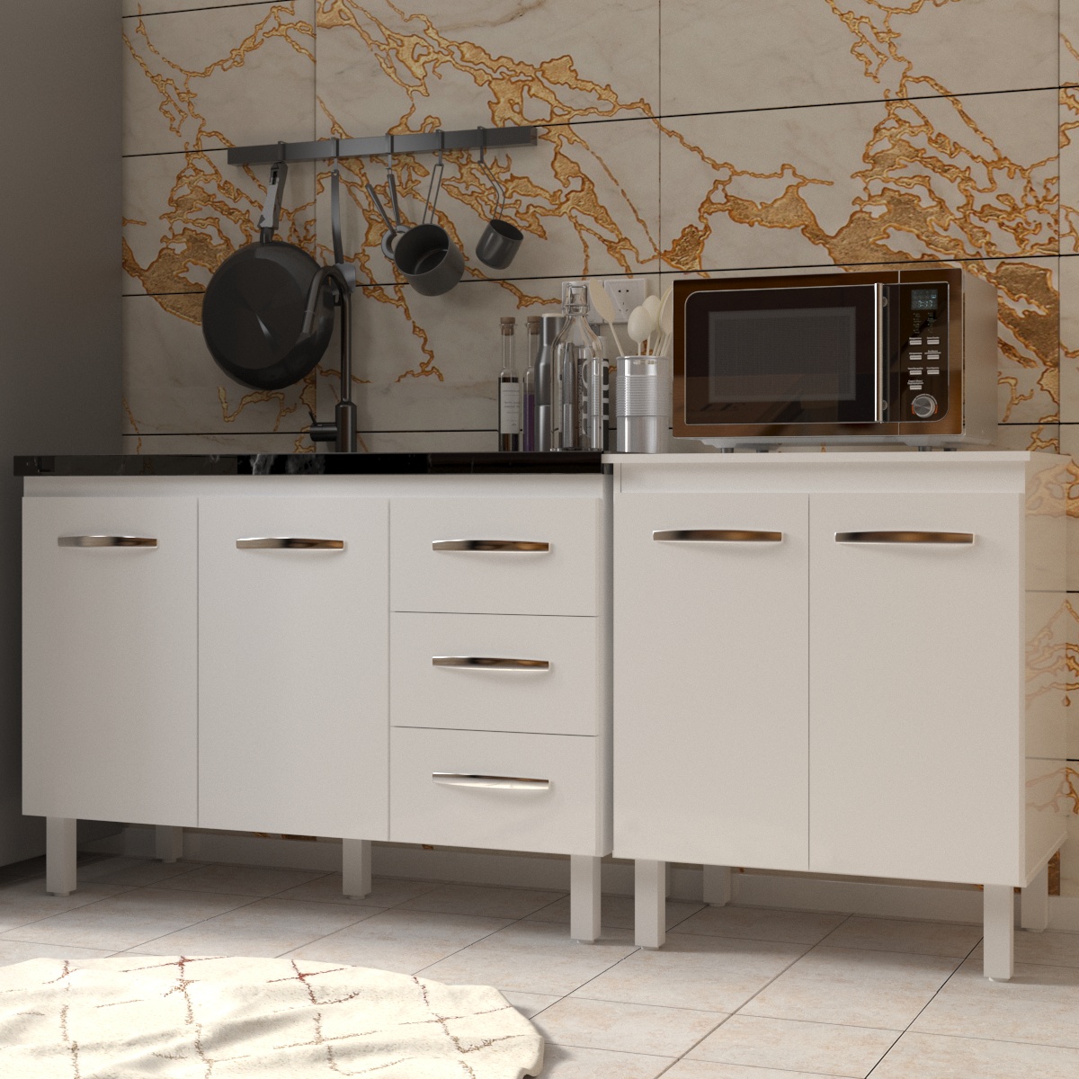 Armário Cozinha Gabinete Pia de 120 cm Bruna e Balcão Jane para Forno Elétrico ou Microondas Branco 