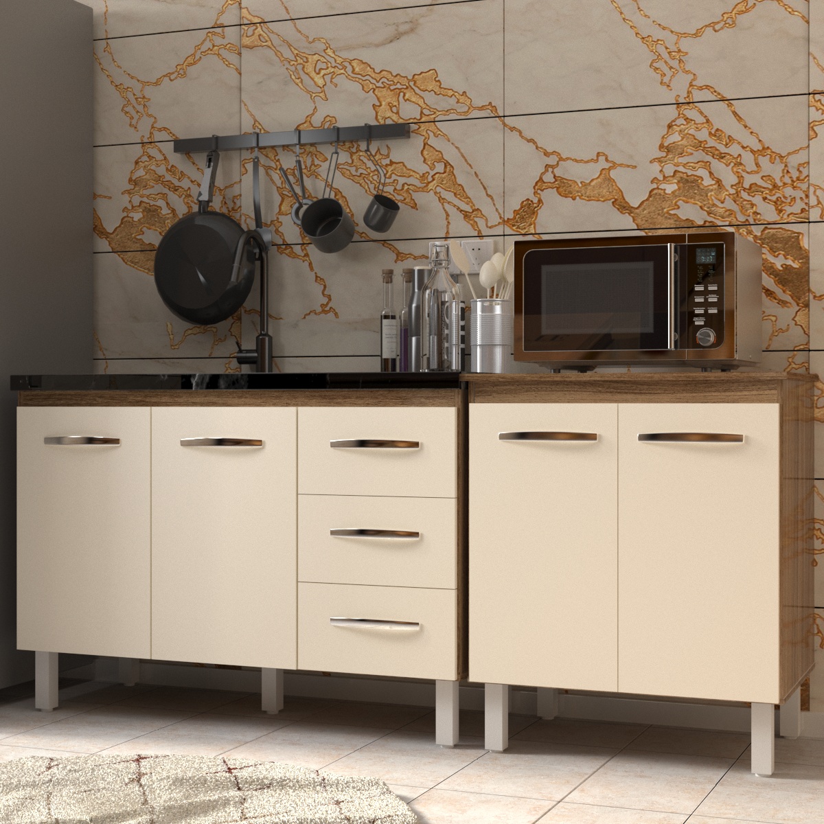 Armário Cozinha Gabinete Pia de 120 cm Bruna e Balcão Jane para Forno Elétrico ou Microondas Savana Off White 