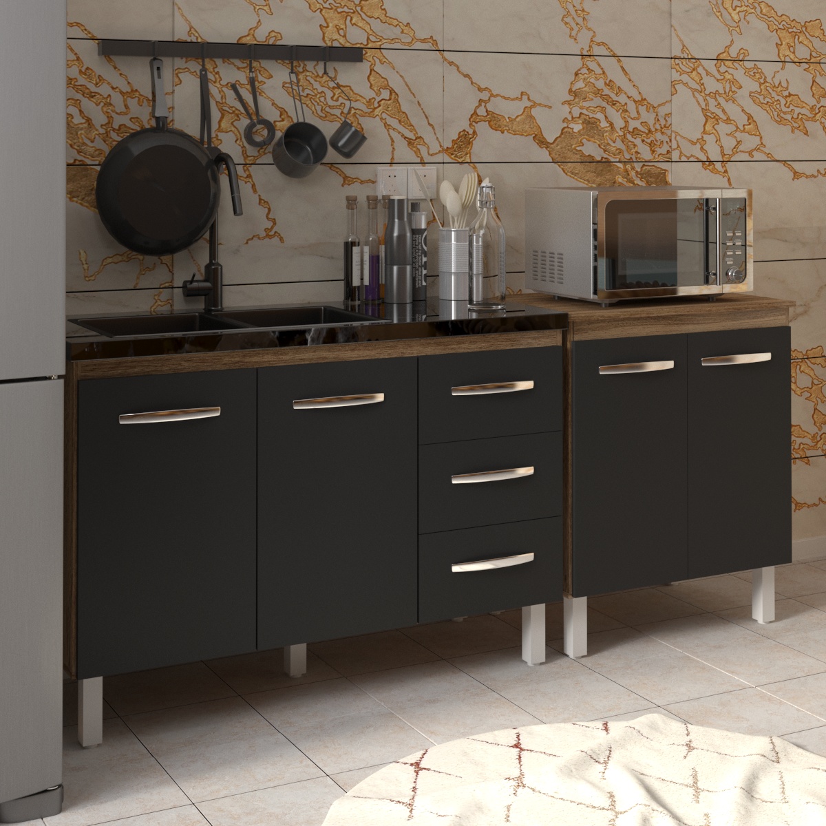 Armário Cozinha Gabinete Pia de 120 cm Bruna e Balcão Jane para Forno Elétrico ou Microondas Savana Preto 