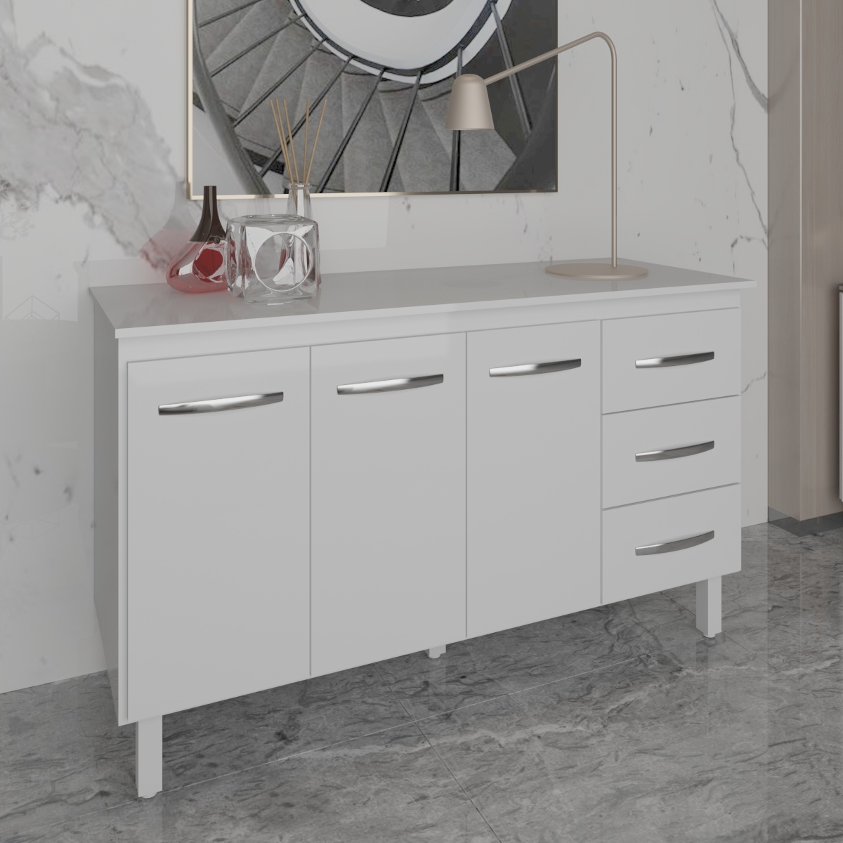 Armário Cozinha Gabinete de Pia 160 cm Estela Branco e Tampo Tampão 160 cm Mobília Decor Branco 