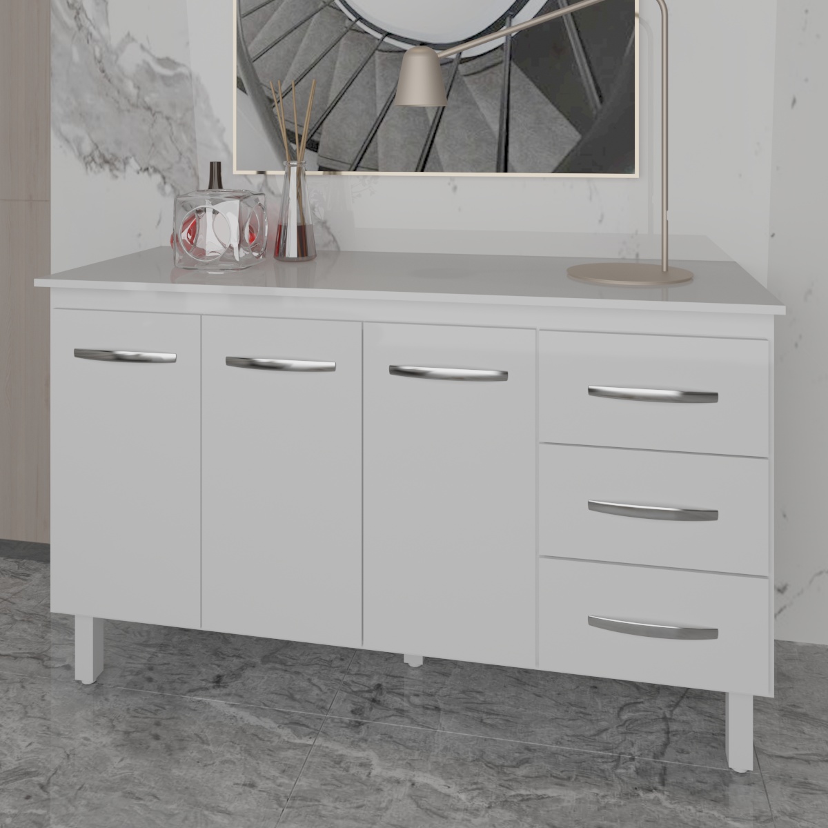 Armário Cozinha Gabinete de Pia 160 cm Estela Branco e Tampo Tampão 160 cm Mobília Decor Branco 
