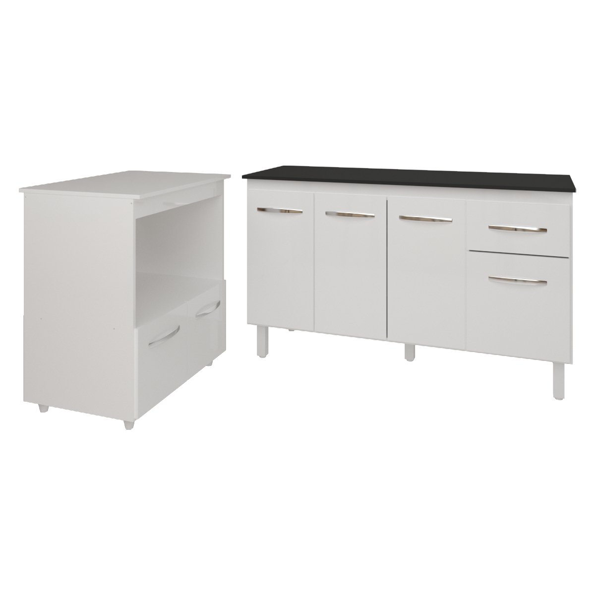 Armário Gabinete Camila 138 cm com Tampo Tampão e Balcão Amanda para Forno e Microondas Branco e Preto 