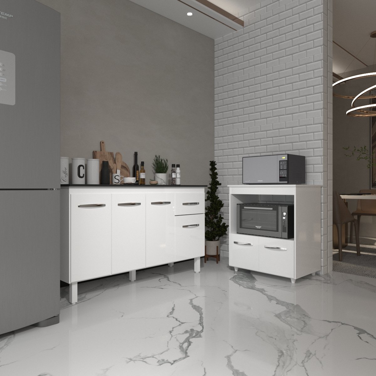 Armário Gabinete Camila 138 cm com Tampo Tampão e Balcão Amanda para Forno e Microondas Branco e Preto 