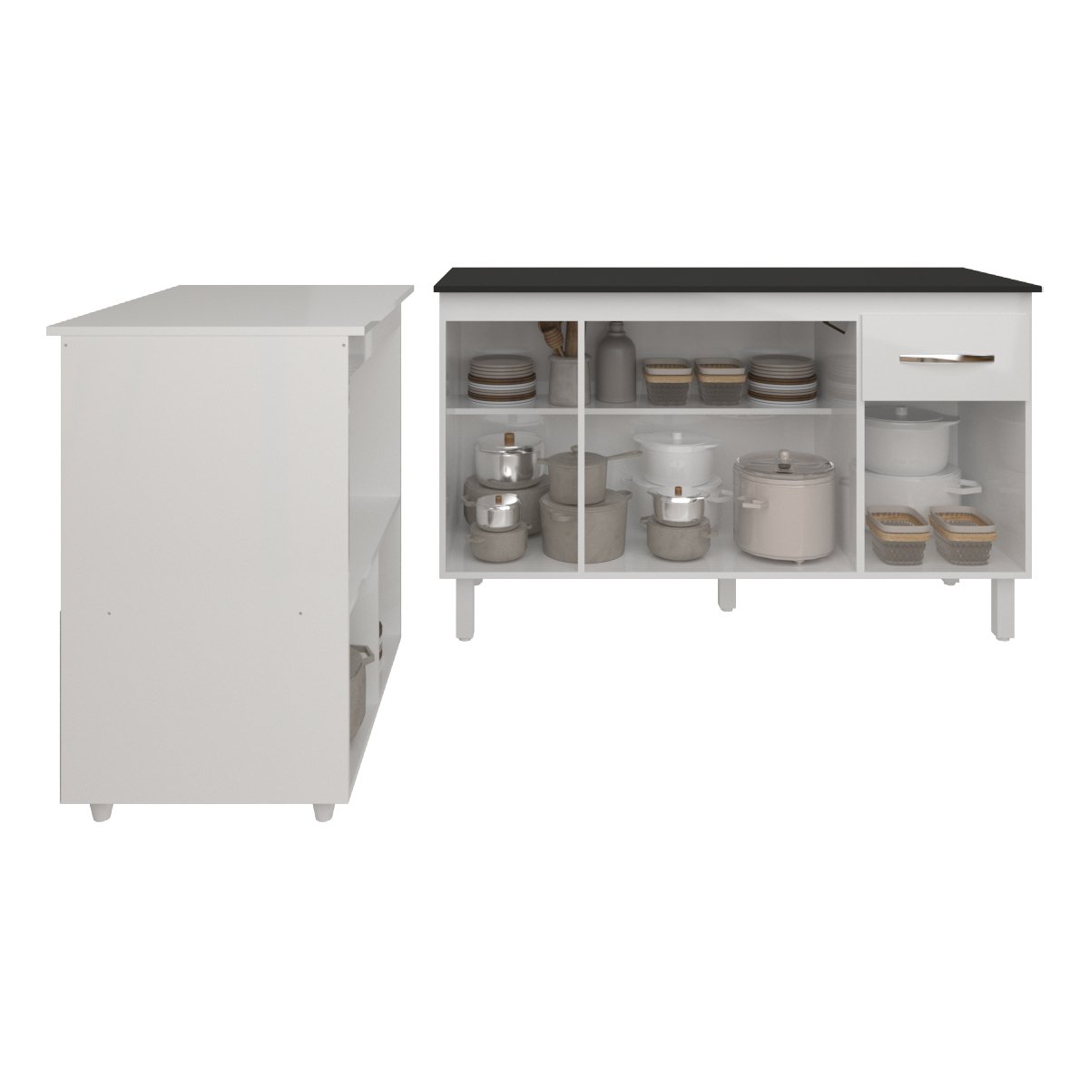 Armário Gabinete Camila 138 cm com Tampo Tampão e Balcão Amanda para Forno e Microondas Branco e Preto 